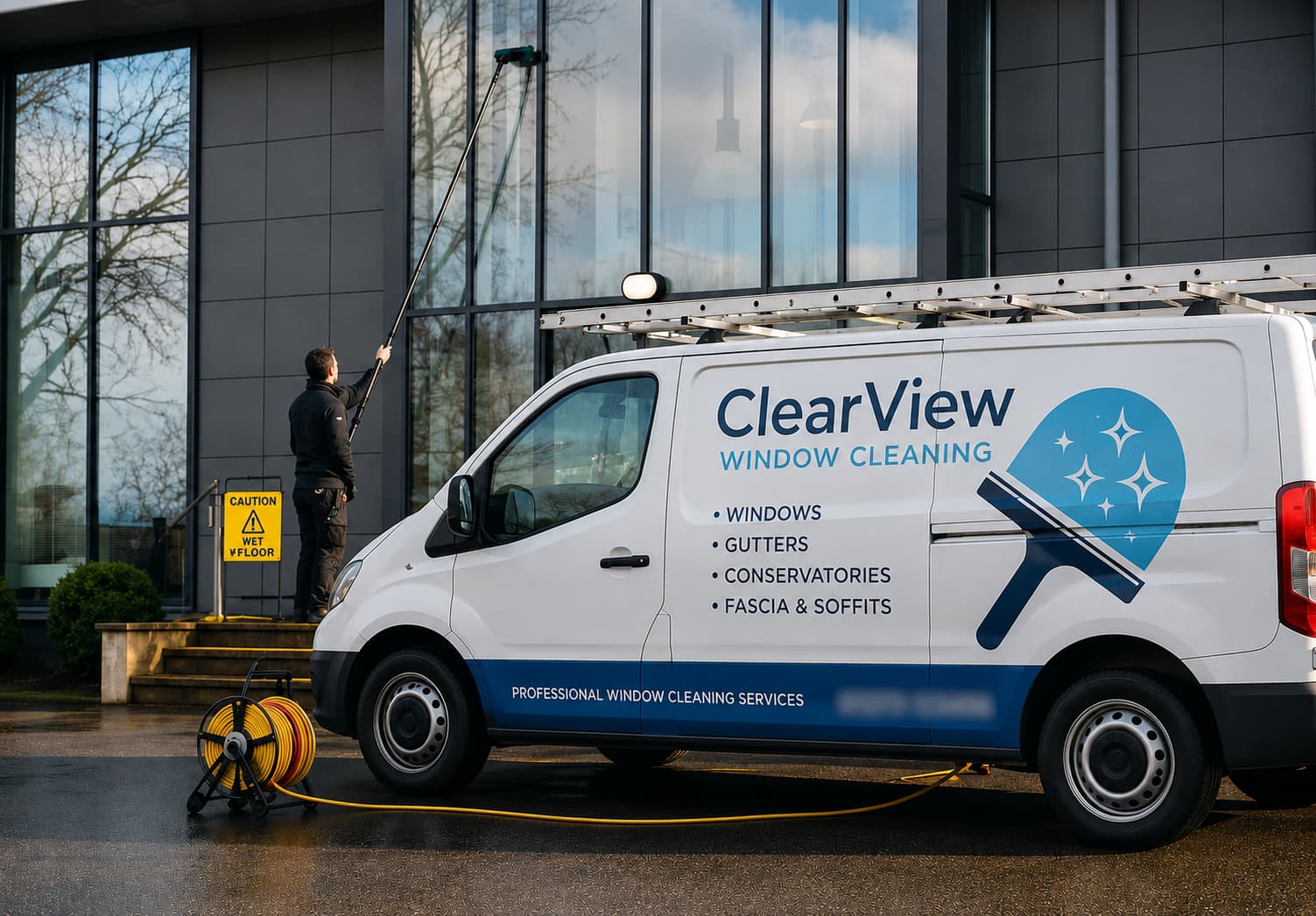 SEO company for window cleaning showing a professional window cleaner using a telescopic pole beside a branded commercial van while cleaning large office windows, illustrating local SEO for window cleaning businesses and commercial window cleaning services.